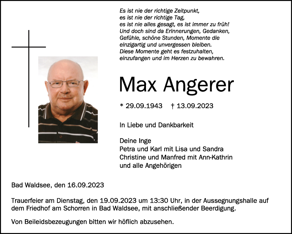  Traueranzeige für Max Angerer vom 16.09.2023 aus Schwäbische Zeitung