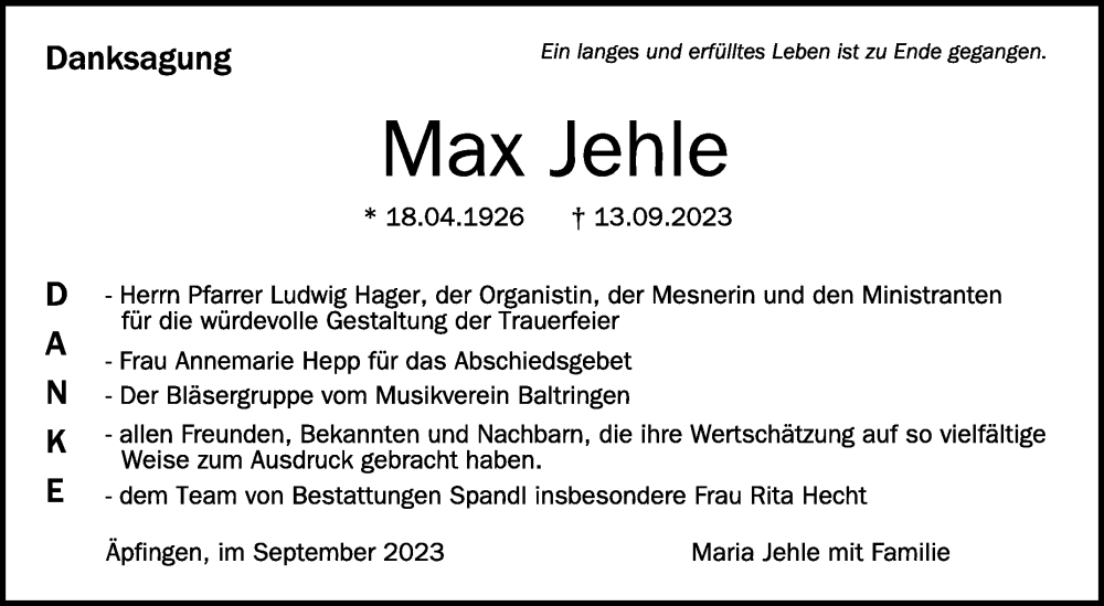 Traueranzeige für Max Jehle vom 30.09.2023 aus Schwäbische Zeitung