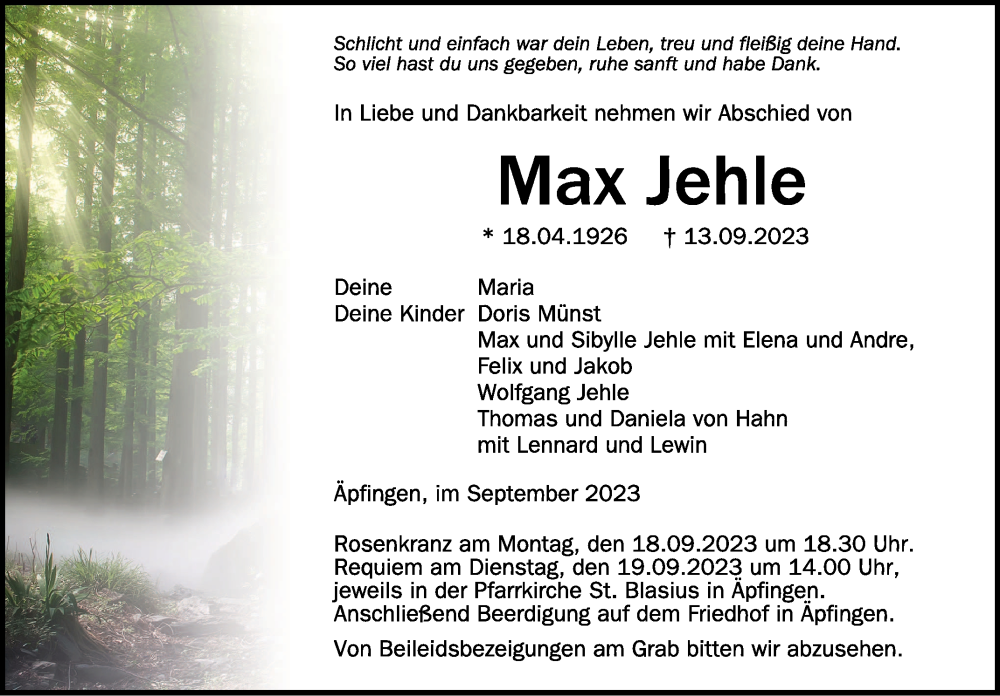  Traueranzeige für Max Jehle vom 16.09.2023 aus Schwäbische Zeitung