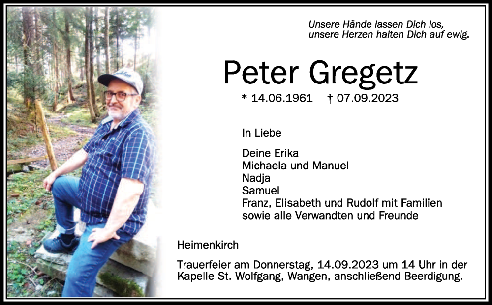  Traueranzeige für Peter Gregetz vom 12.09.2023 aus Schwäbische Zeitung