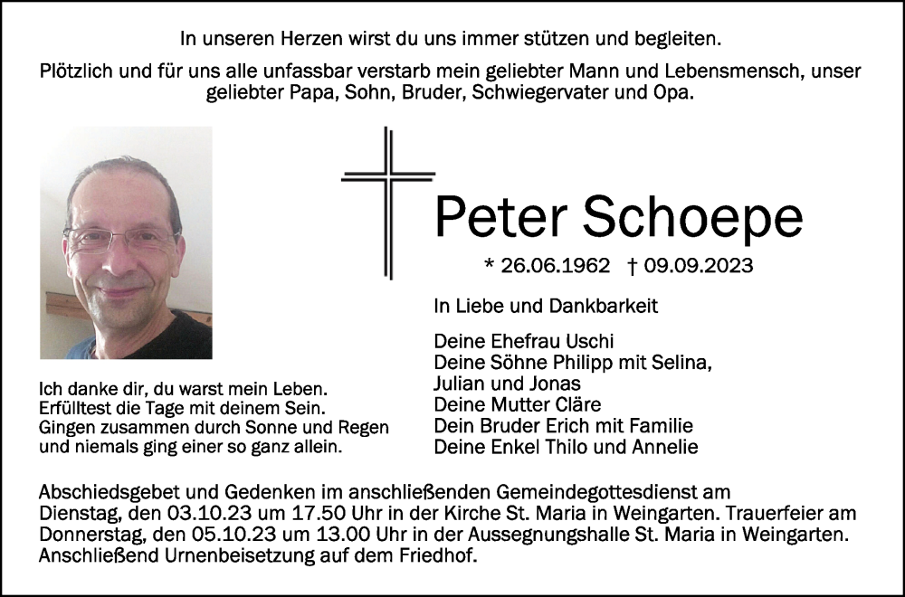  Traueranzeige für Peter Schoepe vom 30.09.2023 aus Schwäbische Zeitung