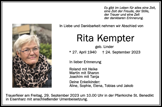 Anzeige von Rita Kempter von Schwäbische Zeitung