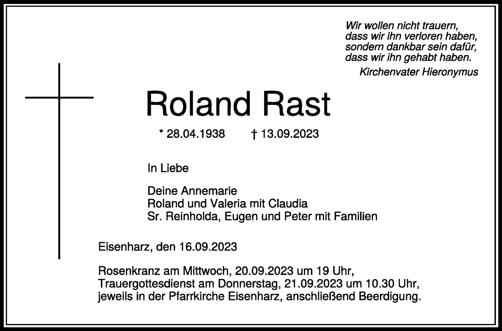  Traueranzeige für Roland Rast vom 16.09.2023 aus Schwäbische Zeitung