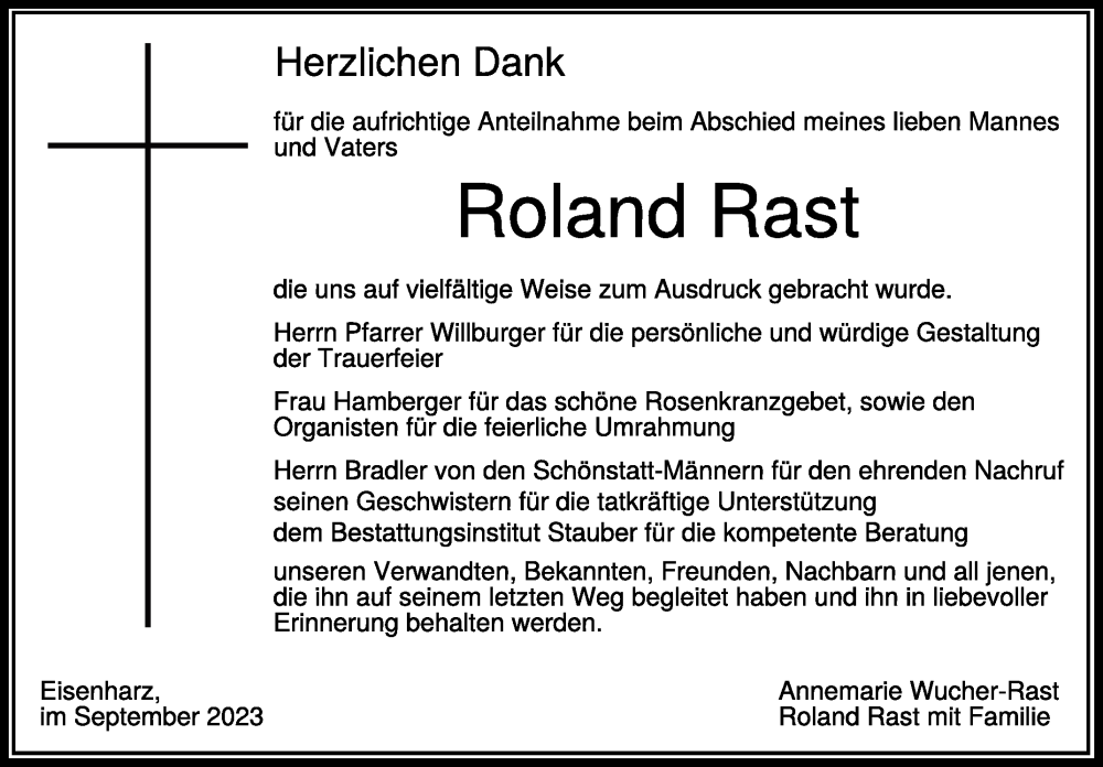  Traueranzeige für Roland Rast vom 30.09.2023 aus Schwäbische Zeitung