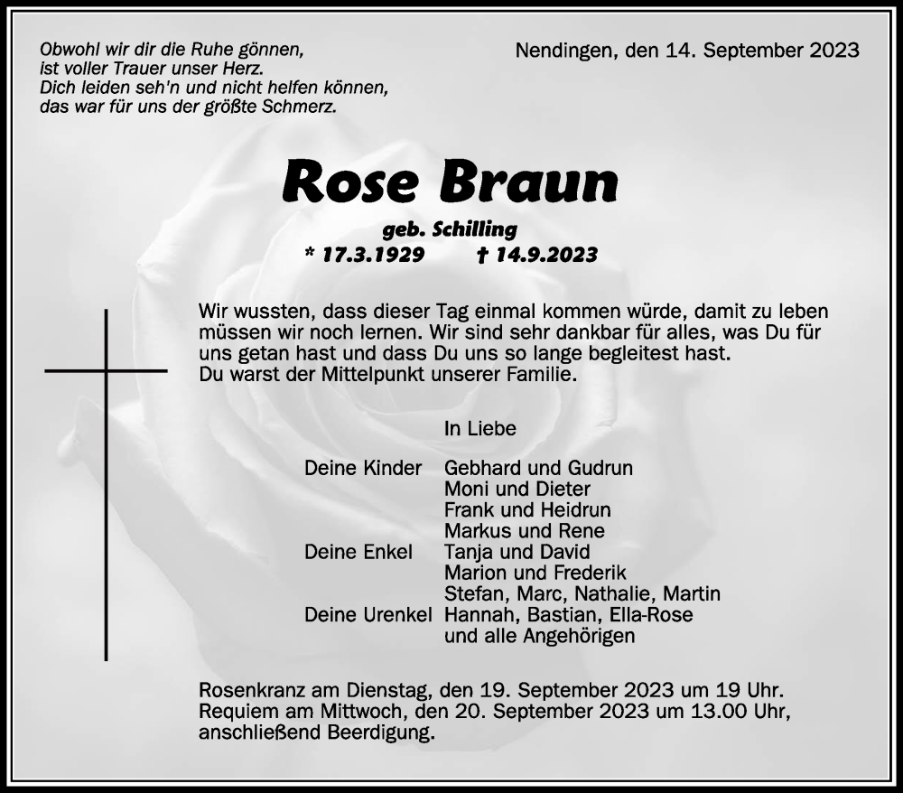  Traueranzeige für Rose Braun vom 18.09.2023 aus Schwäbische Zeitung