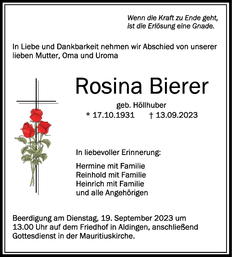  Traueranzeige für Rosina Bierer vom 16.09.2023 aus Schwäbische Zeitung