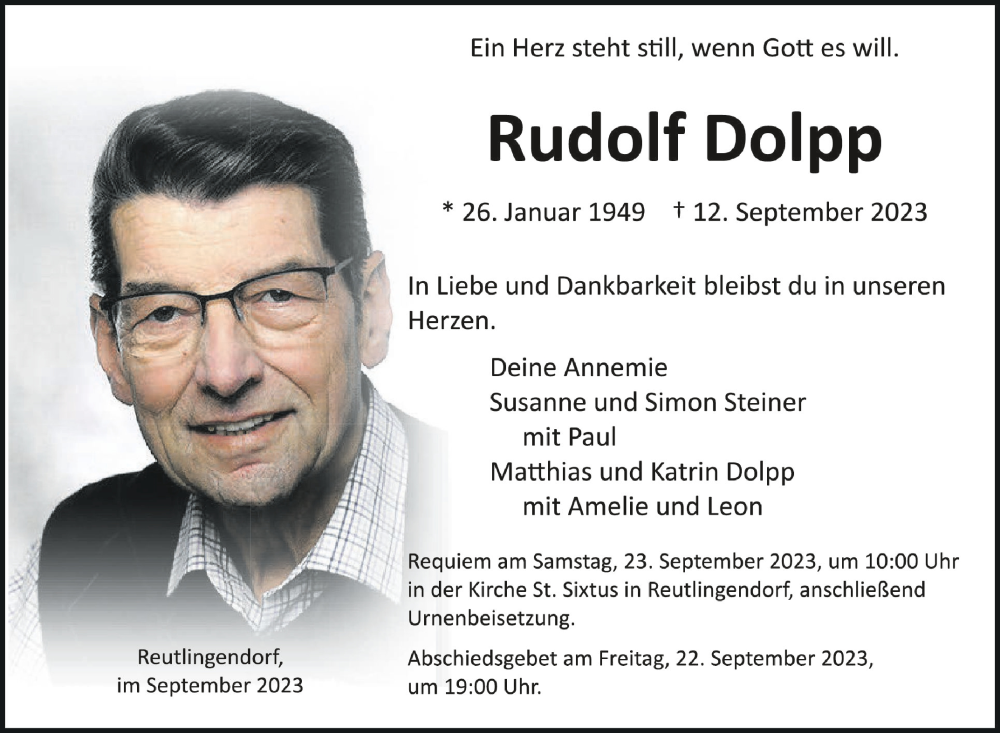  Traueranzeige für Rudolf Dolpp vom 21.09.2023 aus Schwäbische Zeitung