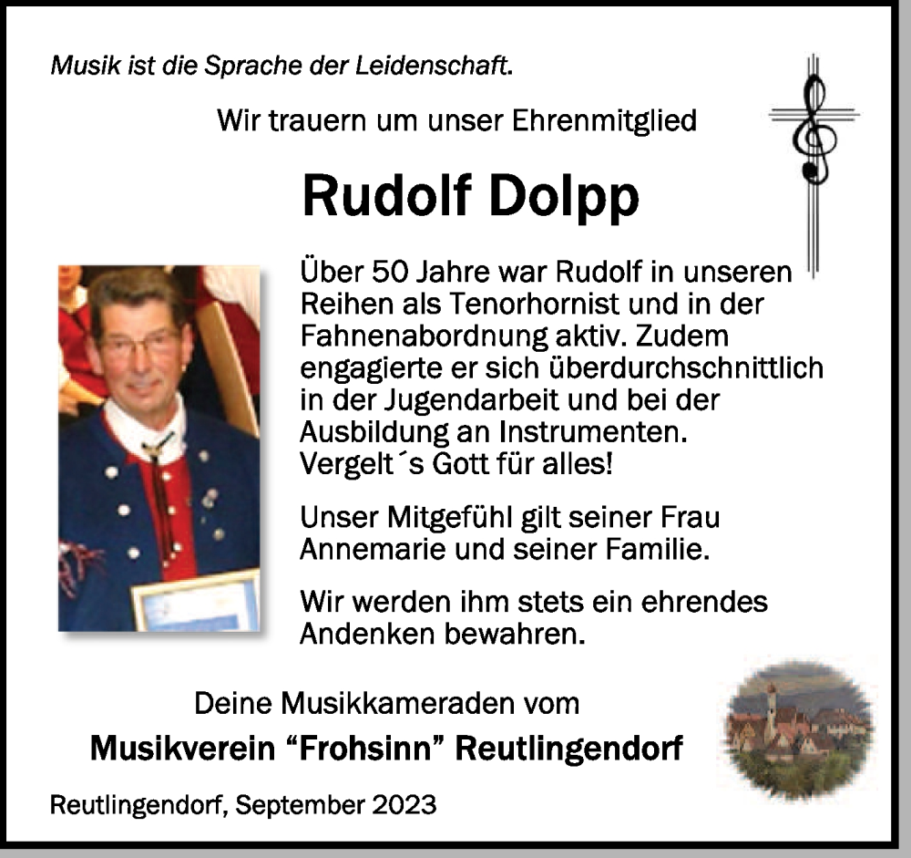  Traueranzeige für Rudolf Dolpp vom 26.09.2023 aus Schwäbische Zeitung