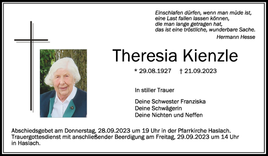 Anzeige von Theresia Kienzle von Schwäbische Zeitung