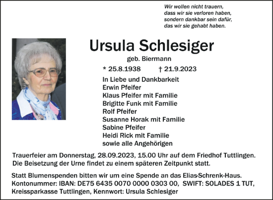 Anzeige von Ursula Schlesiger von Schwäbische Zeitung