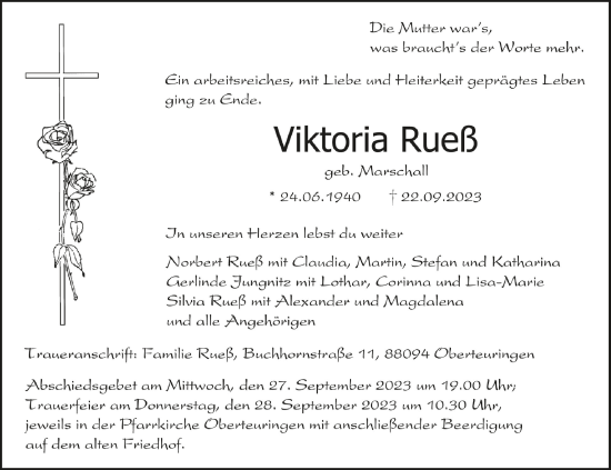 Anzeige von Viktoria Rueß von Schwäbische Zeitung