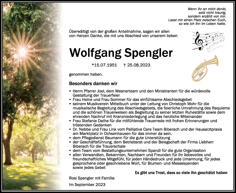  Traueranzeige für Wolfgang Spengler vom 23.09.2023 aus Schwäbische Zeitung