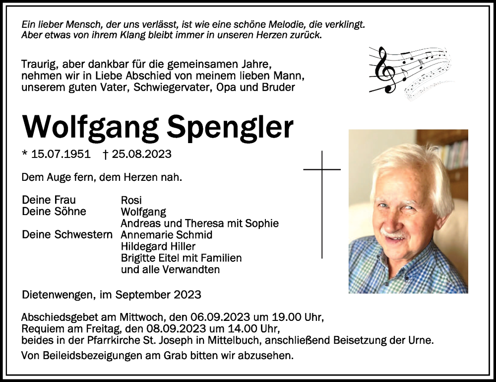  Traueranzeige für Wolfgang Spengler vom 02.09.2023 aus Schwäbische Zeitung