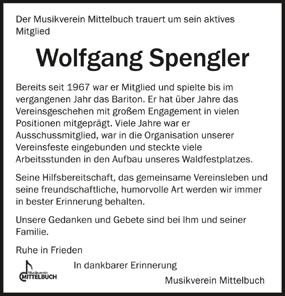  Traueranzeige für Wolfgang Spengler vom 06.09.2023 aus Schwäbische Zeitung