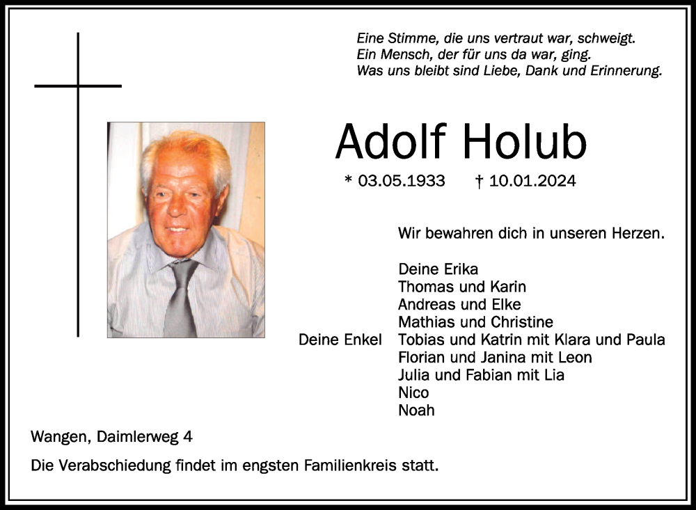  Traueranzeige für Adolf Holub vom 16.01.2024 aus Schwäbische Zeitung