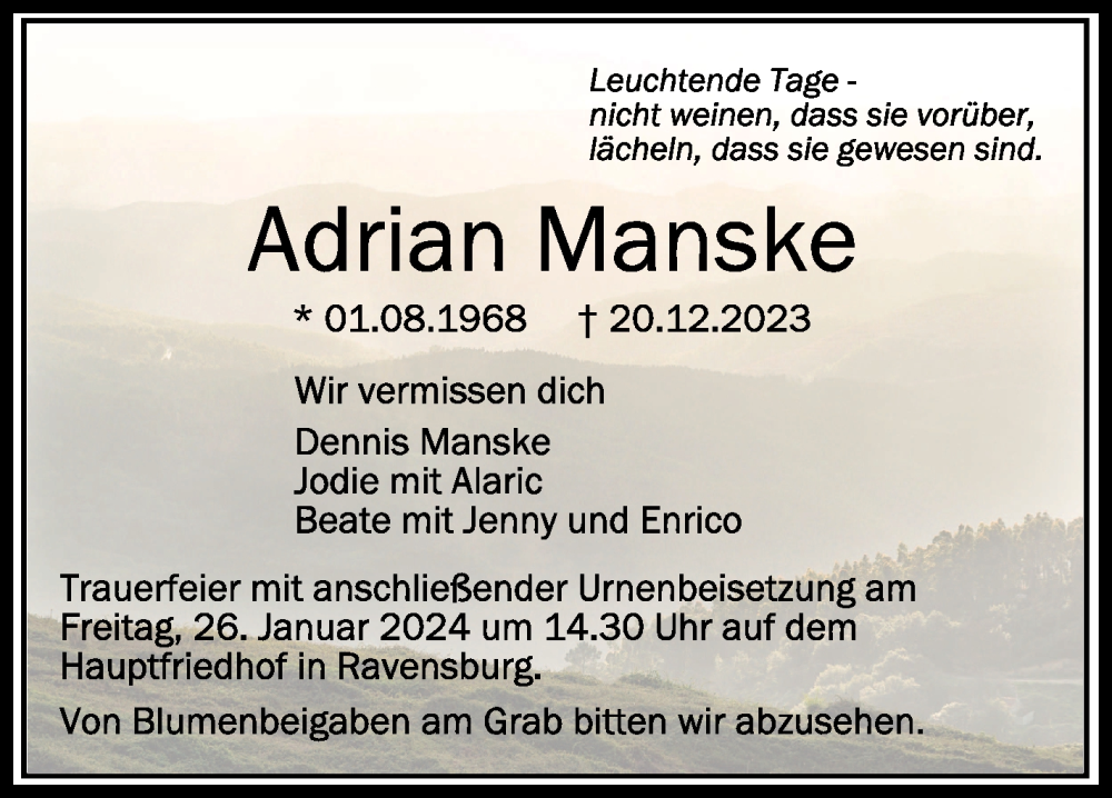  Traueranzeige für Adrian Manske vom 20.01.2024 aus Schwäbische Zeitung