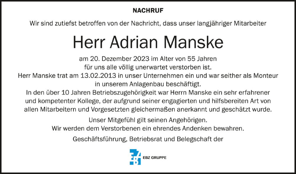  Traueranzeige für Adrian Manske vom 22.01.2024 aus Schwäbische Zeitung