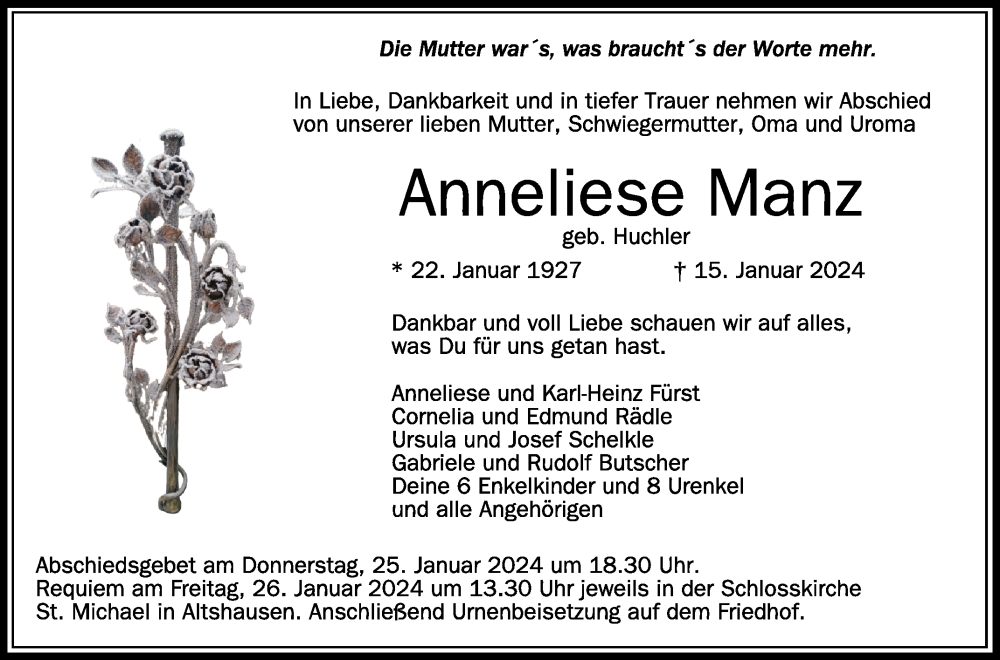  Traueranzeige für Anneliese Manz vom 23.01.2024 aus Schwäbische Zeitung