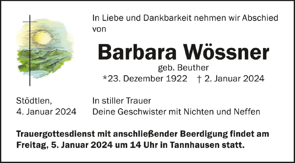  Traueranzeige für Barbara Wössner vom 04.01.2024 aus Schwäbische Zeitung