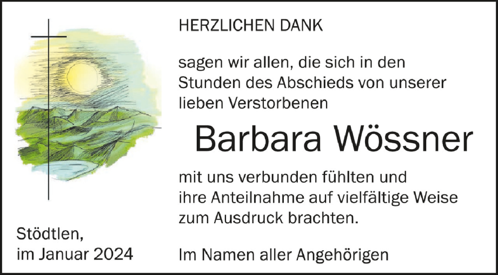  Traueranzeige für Barbara Wössner vom 19.01.2024 aus Schwäbische Zeitung