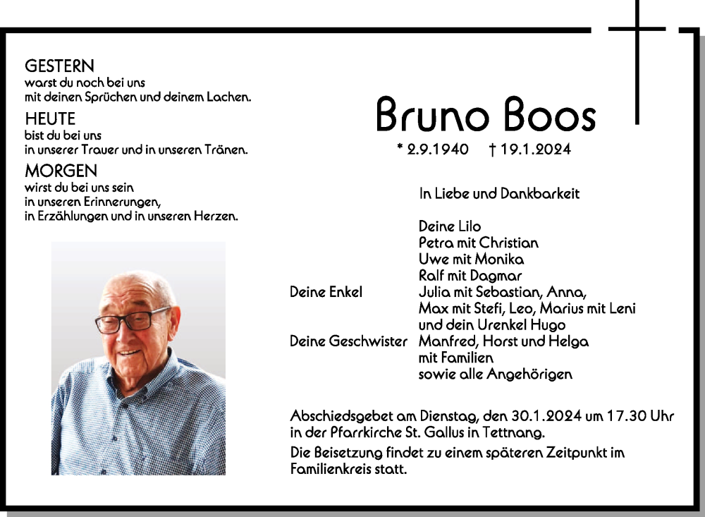  Traueranzeige für Bruno Boos vom 26.01.2024 aus Schwäbische Zeitung