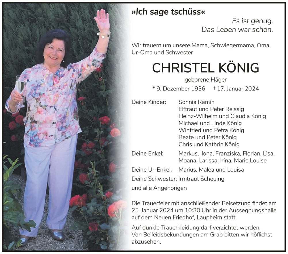  Traueranzeige für Christel König vom 23.01.2024 aus Schwäbische Zeitung