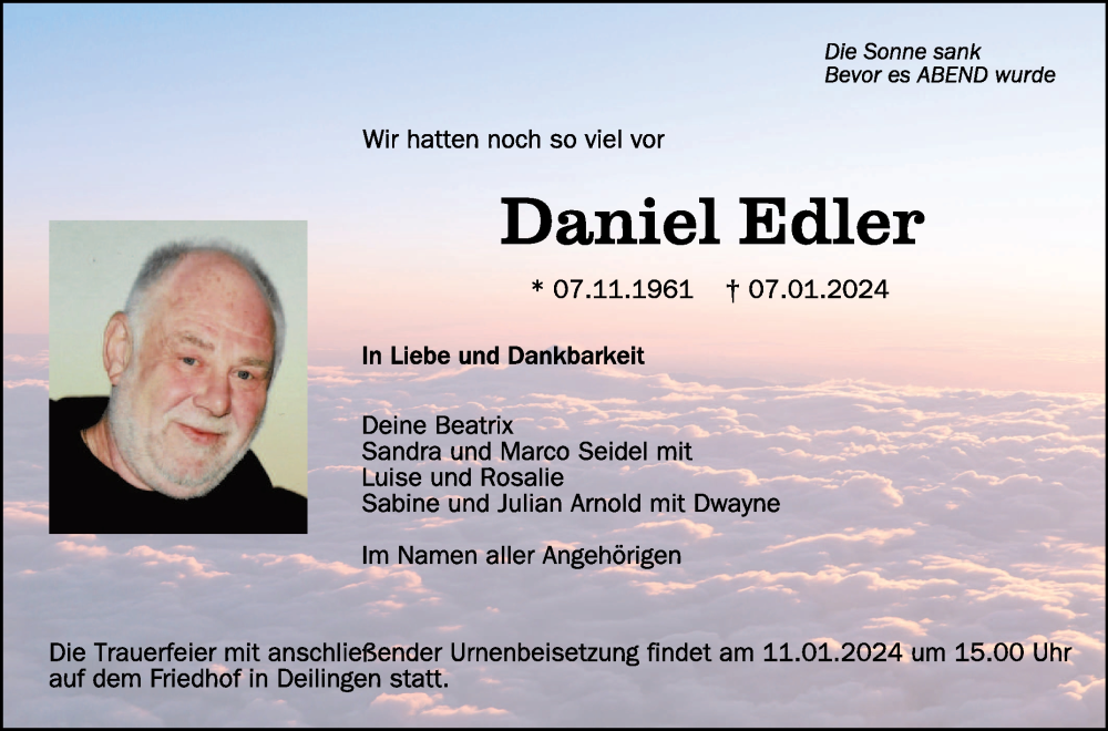 Traueranzeigen Von Daniel Edler | Schwaebische.de Trauerportal