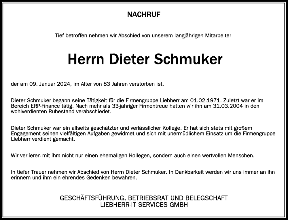  Traueranzeige für Dieter Schmuker vom 27.01.2024 aus Schwäbische Zeitung