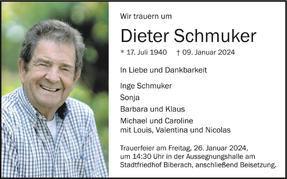  Traueranzeige für Dieter Schmuker vom 20.01.2024 aus Schwäbische Zeitung