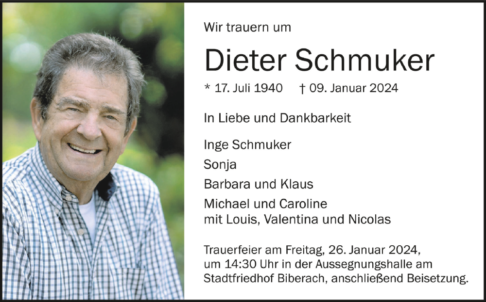  Traueranzeige für Dieter Schmuker vom 25.01.2024 aus Schwäbische Zeitung