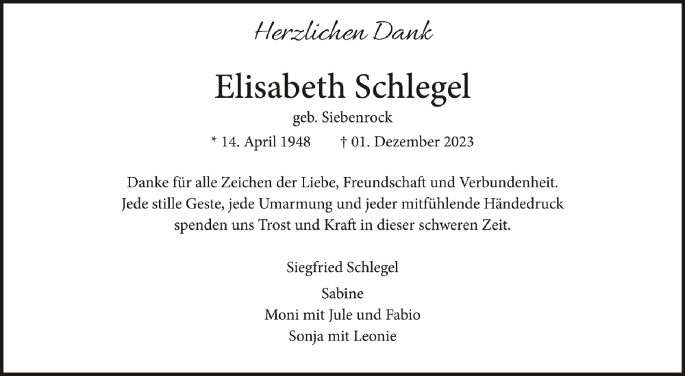  Traueranzeige für Elisabeth Schlegel vom 10.01.2024 aus Schwäbische Zeitung