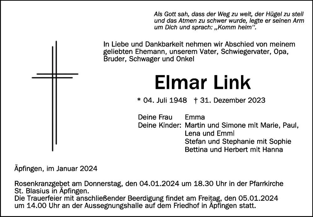  Traueranzeige für Elmar Link vom 03.01.2024 aus Schwäbische Zeitung