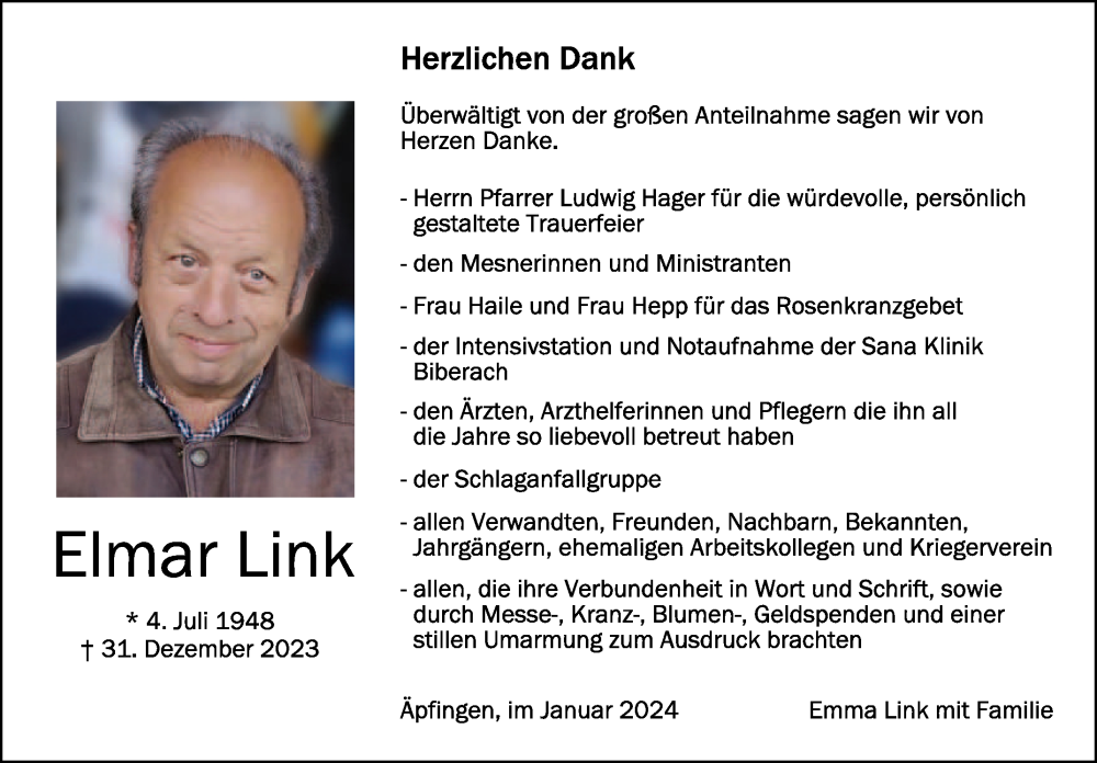  Traueranzeige für Elmar Link vom 13.01.2024 aus Schwäbische Zeitung