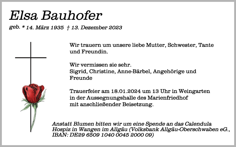  Traueranzeige für Elsa Bauhofer vom 13.01.2024 aus Schwäbische Zeitung