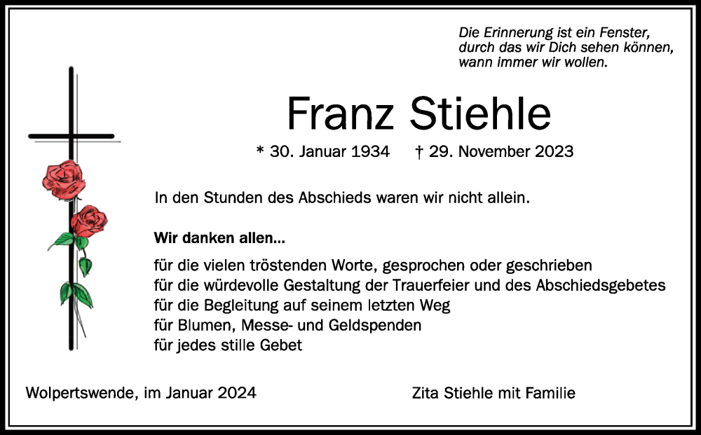  Traueranzeige für Franz Stiehle vom 13.01.2024 aus Schwäbische Zeitung