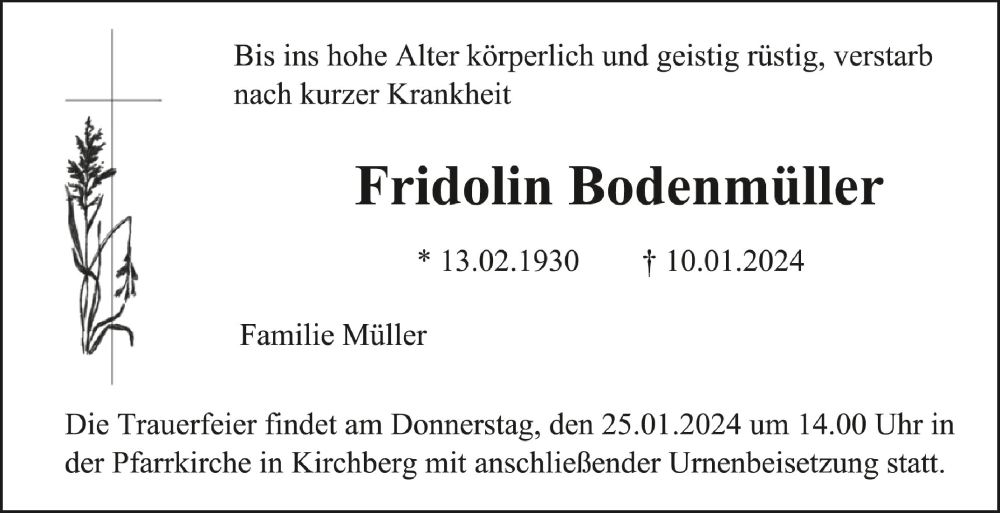  Traueranzeige für Fridolin Bodenmüller vom 22.01.2024 aus Schwäbische Zeitung