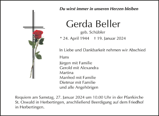 Traueranzeigen Von Gerda Beller Schwaebische De Trauerportal