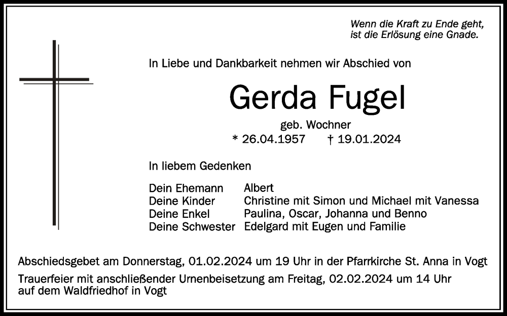  Traueranzeige für Gerda Fugel vom 27.01.2024 aus Schwäbische Zeitung