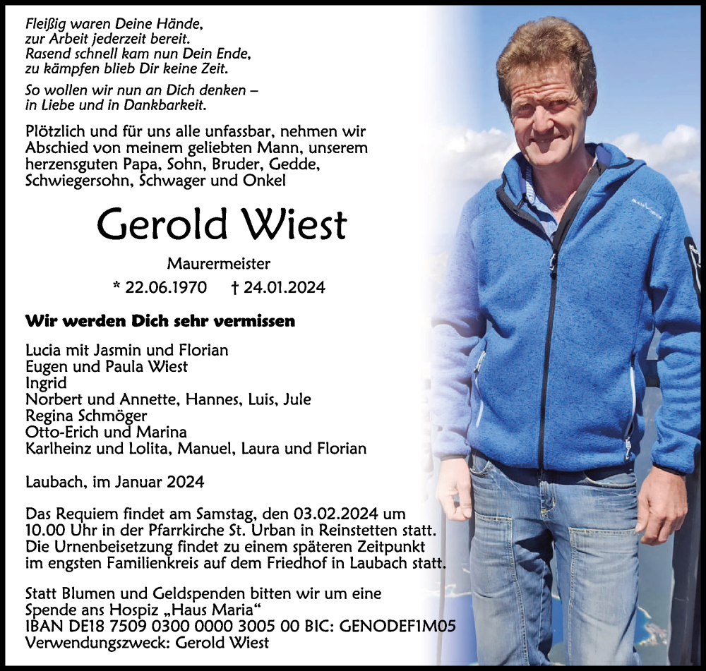  Traueranzeige für Gerold Wiest vom 31.01.2024 aus Schwäbische Zeitung