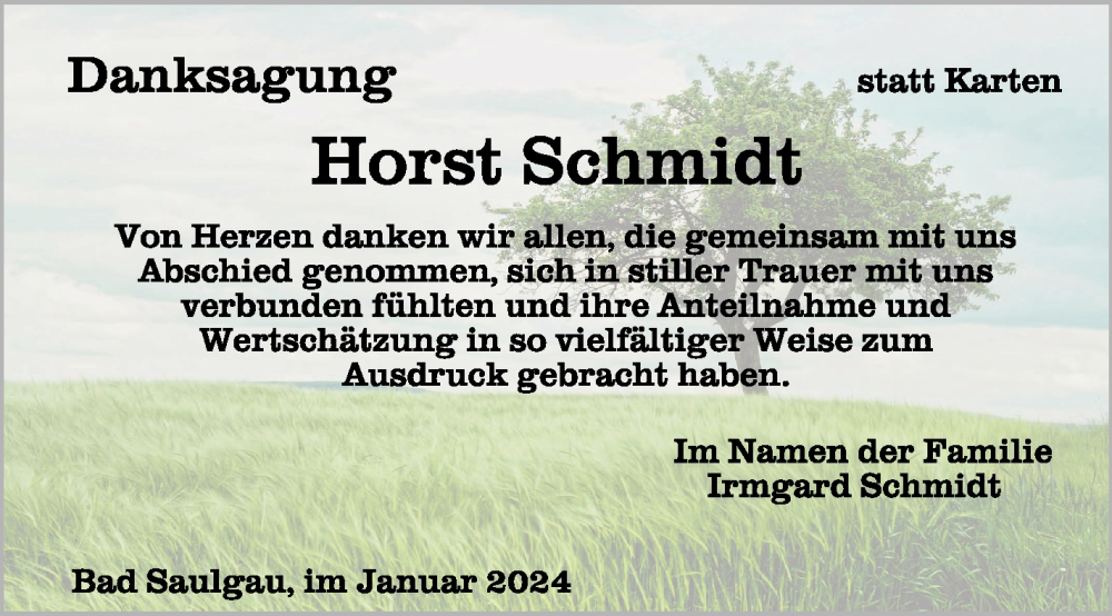  Traueranzeige für Horst Schmidt vom 27.01.2024 aus Schwäbische Zeitung