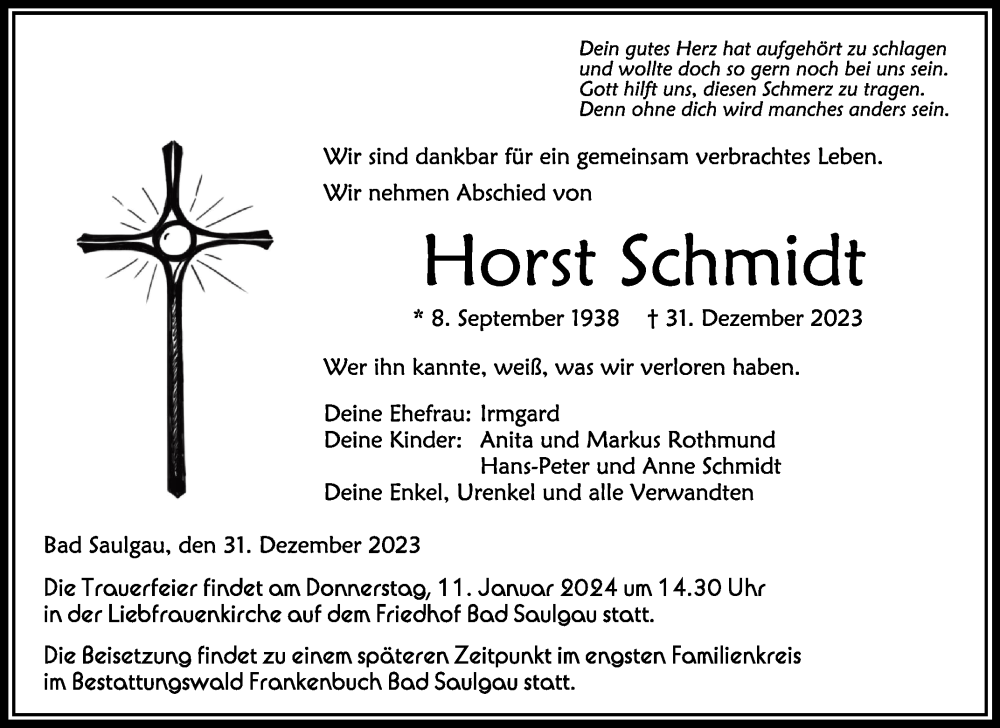  Traueranzeige für Horst Schmidt vom 08.01.2024 aus Schwäbische Zeitung