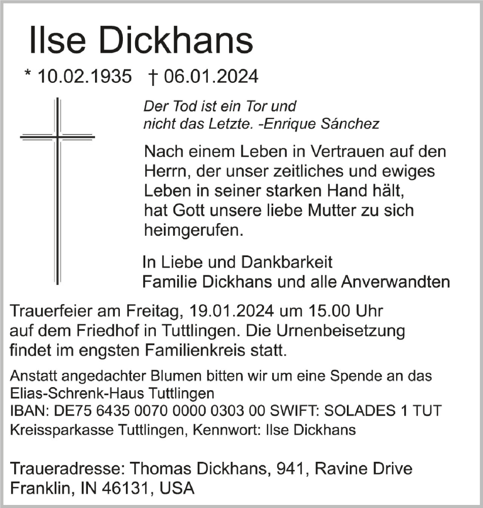  Traueranzeige für Ilse Dickhans vom 17.01.2024 aus Schwäbische Zeitung