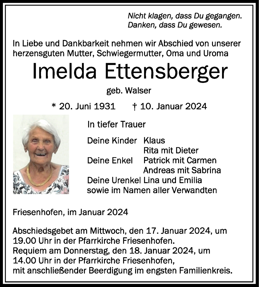  Traueranzeige für Imelda Ettensberger vom 16.01.2024 aus Schwäbische Zeitung