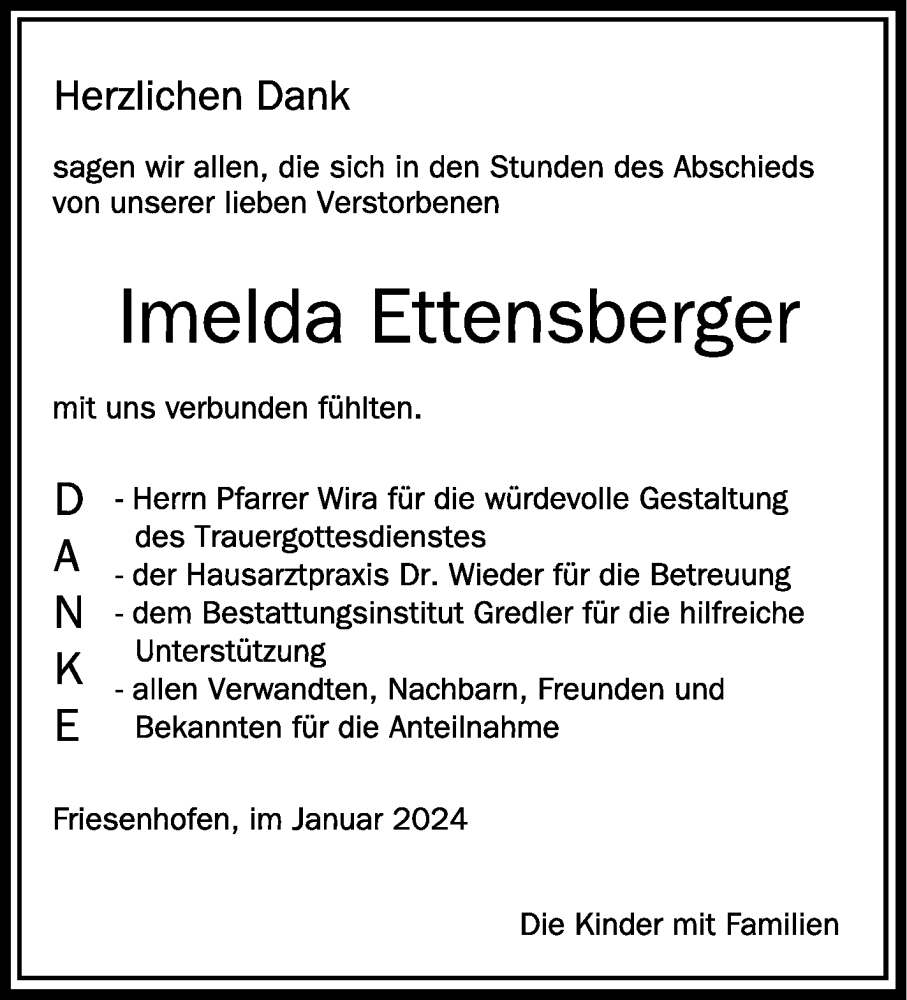  Traueranzeige für Imelda Ettensberger vom 27.01.2024 aus Schwäbische Zeitung