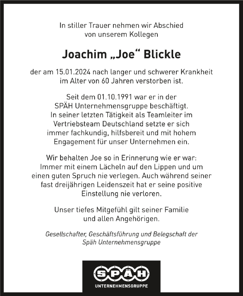  Traueranzeige für Joachim Blickle vom 23.01.2024 aus Schwäbische Zeitung