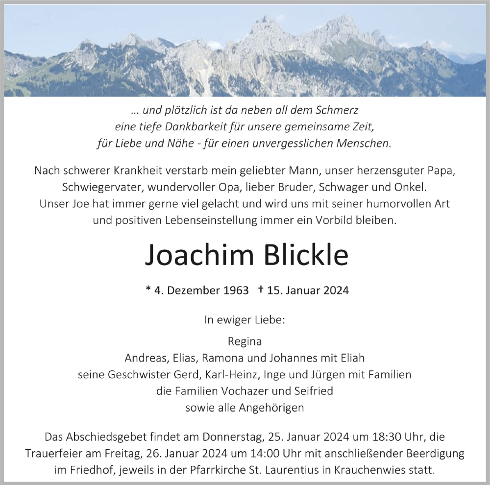  Traueranzeige für Joachim Blickle vom 23.01.2024 aus Schwäbische Zeitung