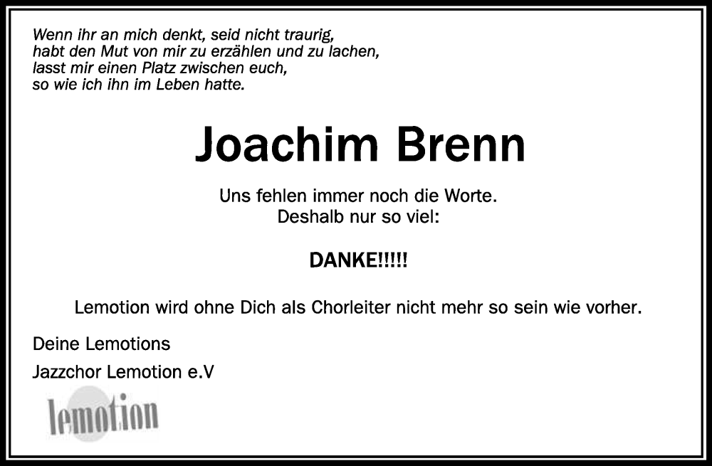  Traueranzeige für Joachim Brenn vom 04.01.2024 aus Schwäbische Zeitung