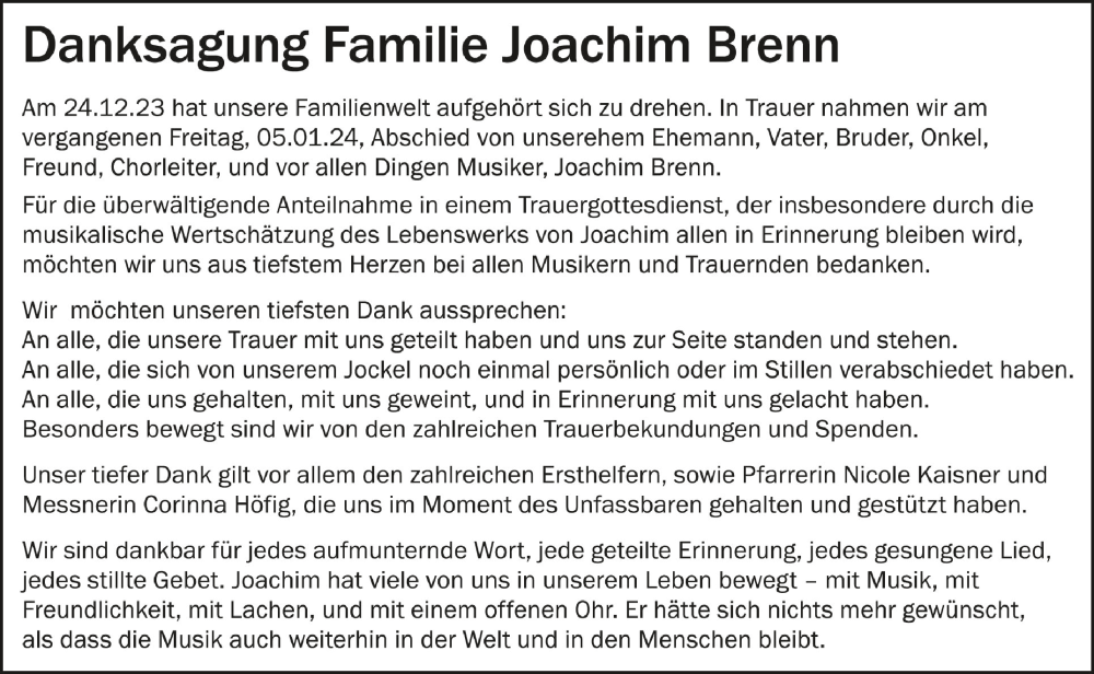  Traueranzeige für Joachim Brenn vom 13.01.2024 aus Schwäbische Zeitung