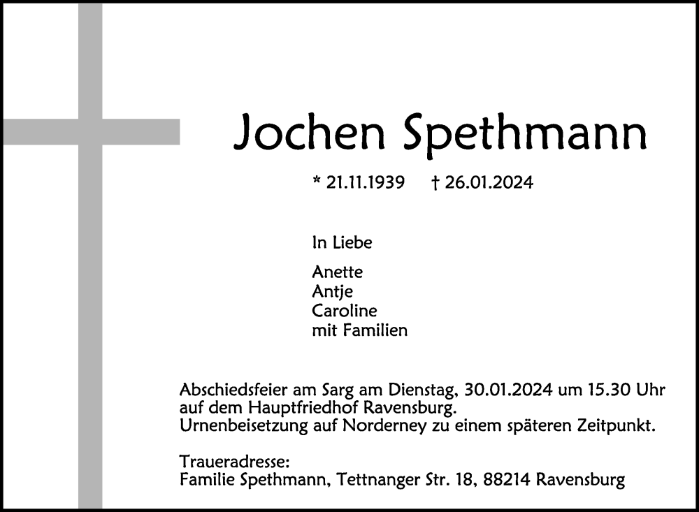  Traueranzeige für Jochen Spethmann vom 27.01.2024 aus Schwäbische Zeitung