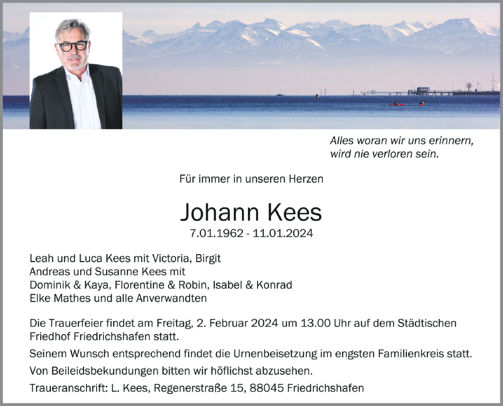  Traueranzeige für Johann Kees vom 27.01.2024 aus Schwäbische Zeitung